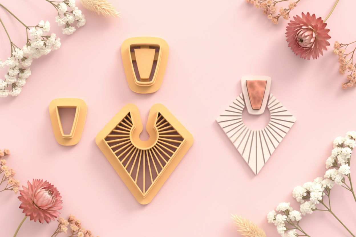 Emporte-pièces éventail géométrique – 3 parties – cutters pâte polymère bijoux – pampilles design graphique – forme losange moderne – 30 à 50 mm – EP-201 – fabriqué en France