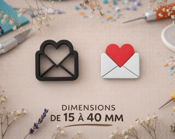 Emporte-pièce bijoux pâte polymère enveloppe cœur – outil DIY boucles d’oreilles – 15 à 40 mm – fabriqué en France.EP-120