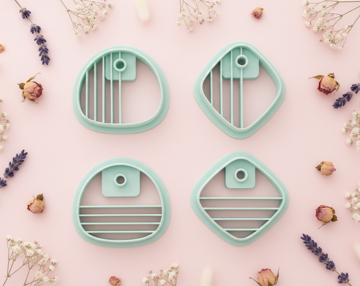 Emporte-pièces graphiques minimalistes – 4 versions au choix – cutters pâte polymère – bijoux DIY pampilles – forme arrondie ou losange – lignes horizontales ou verticales – 25 à 35 mm – EP-190 – fabriqué en France