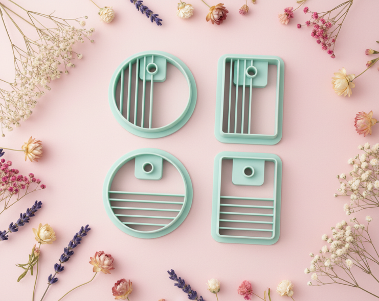Emporte-pièces graphiques minimalistes – 4 versions au choix – cutters pâte polymère – bijoux DIY pampilles – rond ou rectangle – traits horizontaux ou verticaux – 25 à 35 mm – EP-185 – fabriqué en France