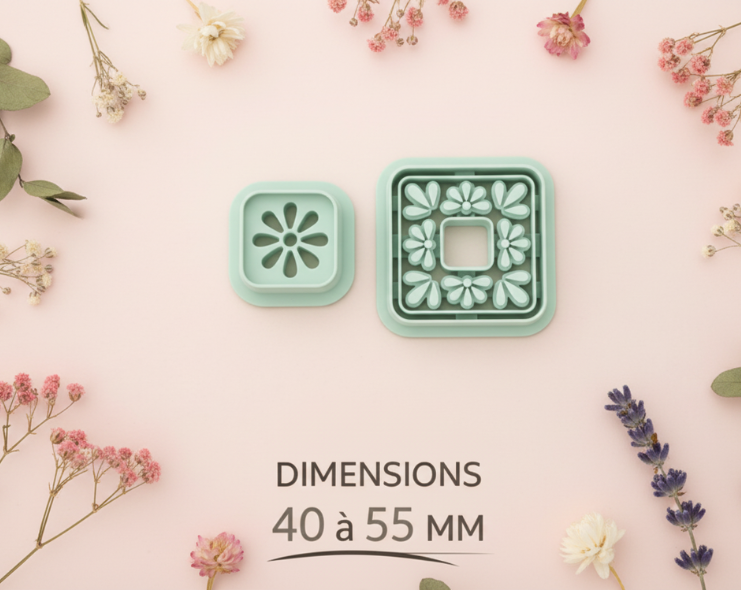 Emporte-pièces carré fleur ajourée – lot de 2 cutters pâte polymère – bijoux DIY pampilles – 40 à 55 mm – EP-195 – fabriqué en France