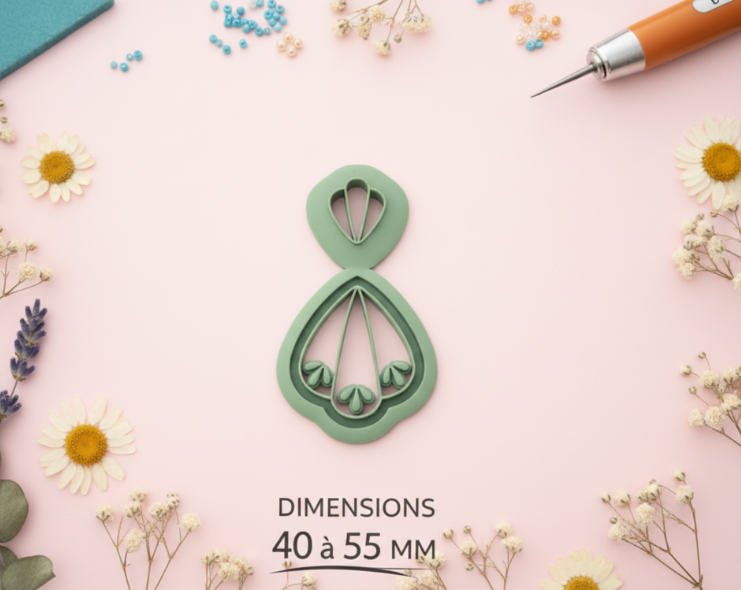 Emporte-pièce goutte fleur ajourée – cutter pâte polymère bijoux DIY pampilles – 40 à 55 mm – EP-189 – fabriqué en France