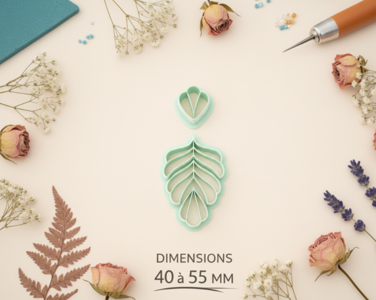 Emporte-pièces feuille plume – lot de 2 cutters pâte polymère – bijoux DIY pampilles – 40 à 55 mm – EP-188 – fabriqué en France