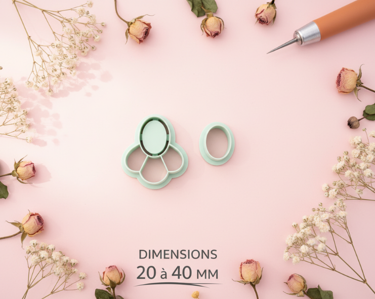 Emporte-pièces fleur ovale – lot de 2 cutters pâte polymère – bijoux DIY pampilles – 20 à 40 mm – fabriqué en France. EP-184