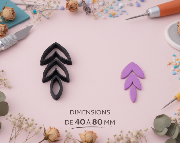 Emporte-pièce boucles d’oreilles feuilles superposées – lot de 3 cutters pâte polymère – bijoux DIY – style botanique – 40 à 80 mm – fabriqué en France. EP-131
