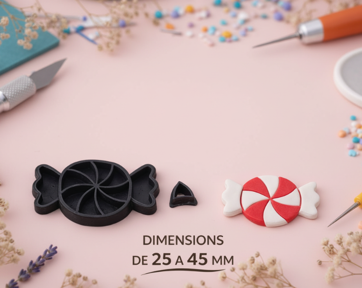 Emporte-pièce bonbon – lot de 2 cutters pâte polymère – bijoux DIY – forme bonbon gourmand – 25 à 45 mm – fabriqué en France. EP-133