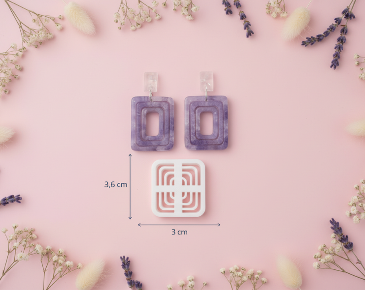 Emporte-pièce carré ajouré 3 cm – Découpe géométrique moderne pour boucles d’oreilles pâte polymère DIY. EP-21