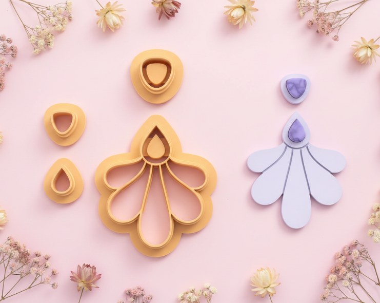 Emporte-pièces goutte & fleur éventail – lot de 4 – bijoux pâte polymère – 45 à 60 mm – EP-219