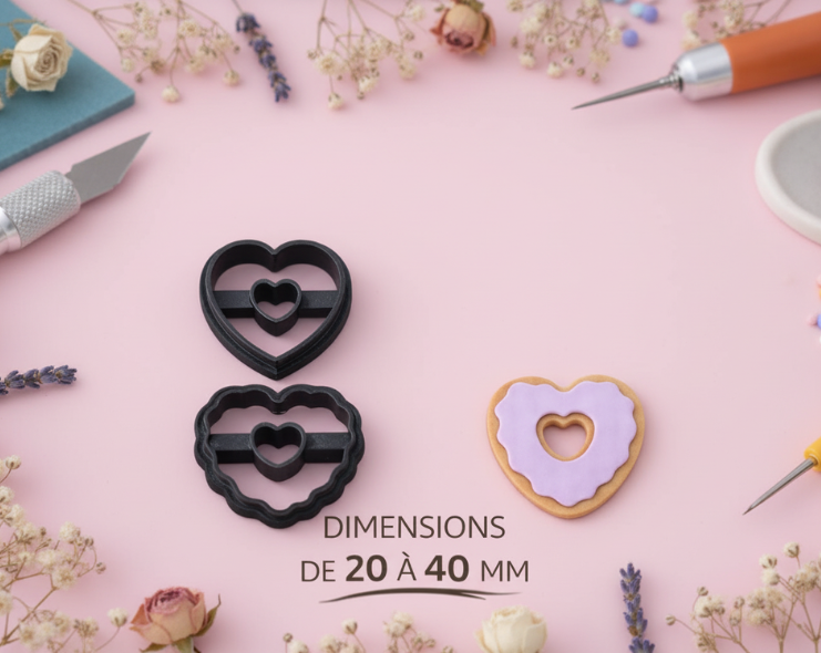 Emporte-pièces cœurs donut – lot de 2 cutters pâte polymère – bijoux DIY – cœur ajouré style biscuit – 20 à 40 mm – fabriqué en France. EP-137