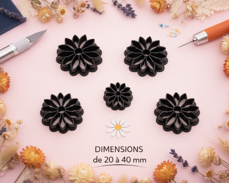 Emporte-pièce fleur marguerite pour bijoux DIY – 5 tailles de 20 mm à 40 mm – fabriqué en France. EP-36