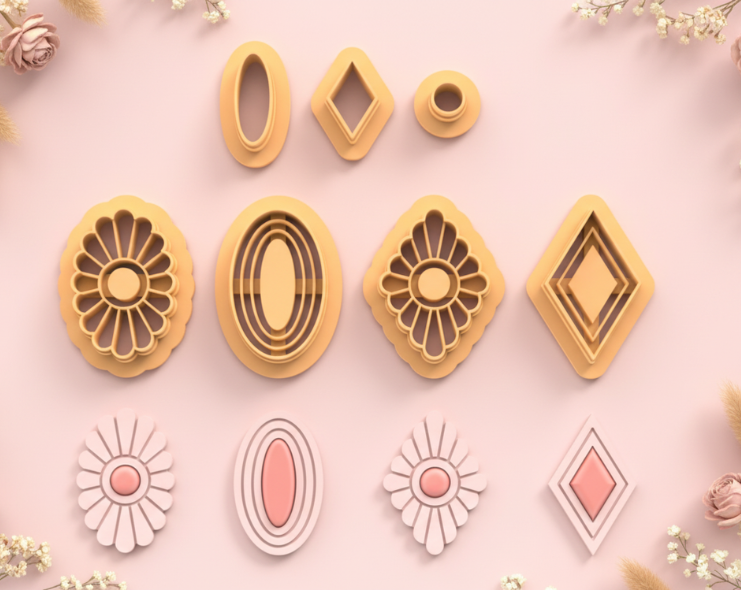 Emporte-pièces bijoux pâte polymère – formes ovales, losange & fleurs – lot de 7 – DIY boucles d’oreilles