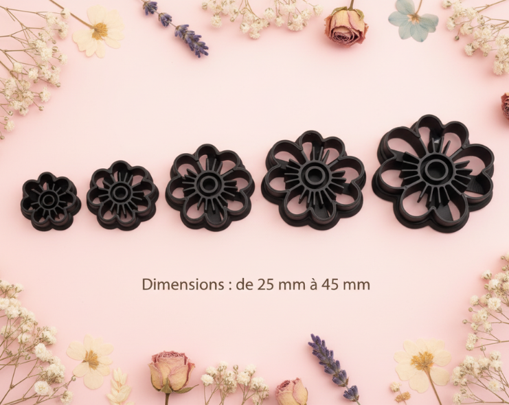 Emporte-pièce fleur Soleil ajourée 25 à 45 mm – Découpe pâte polymère FIMO – Outil bijoux DIY – Fabriqué en France. EP-46