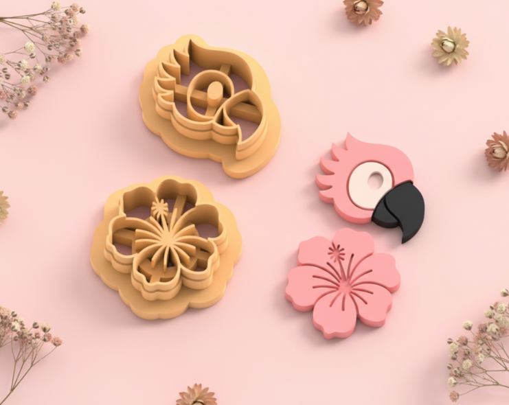 Emporte-pièces perroquet & hibiscus – lot de 2 cutters pâte polymère – bijoux DIY pampilles – thème tropical été – 30 à 60 mm – EP-260 – fabriqué en France