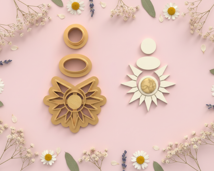 Emporte-pièces soleil rayonnant – lot de 3 cutters pâte polymère – bijoux DIY pampilles – design solaire moderne – 40 à 60 mm – EP-261 – fabriqué en France