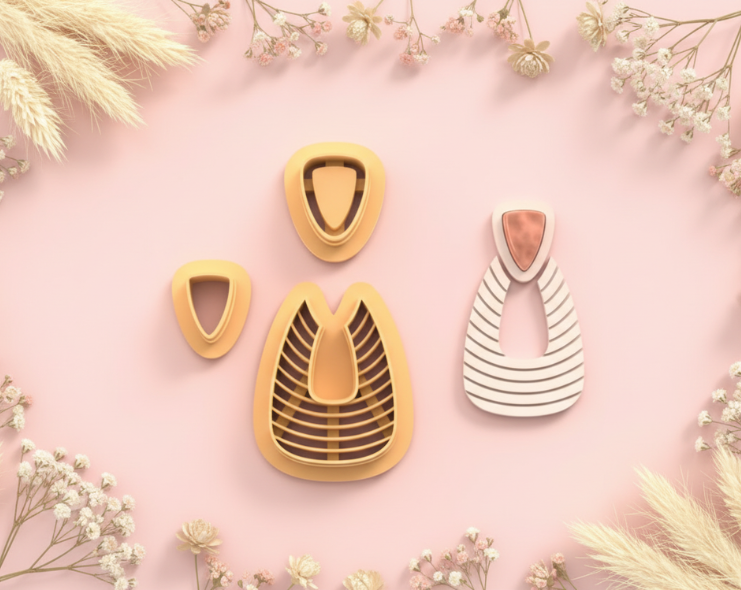 Emporte-pièces forme goutte texturée – lot de 3 cutters pâte polymère – bijoux DIY pampilles – design moderne graphique – 30 à 50 mm – EP-262 – fabriqué en France