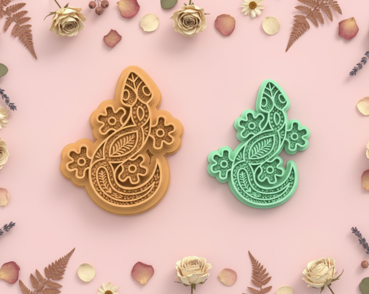 Emporte-pièce lézard floral – cutter pâte polymère bijoux DIY pampilles – design gecko décoratif – 30 à 50 mm – EP-266 –