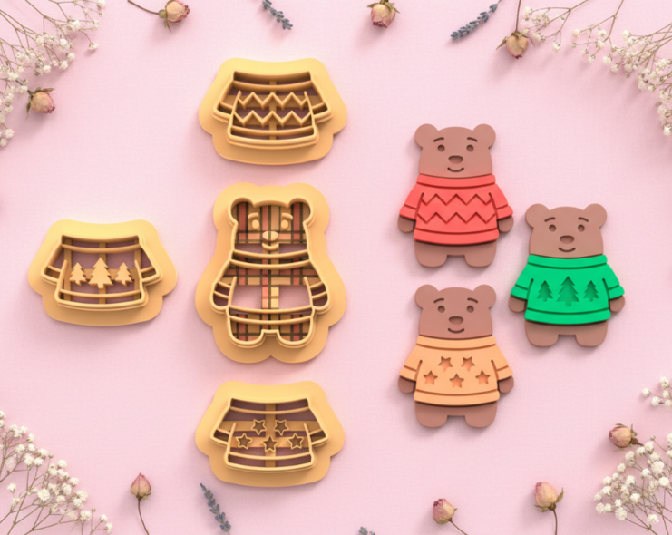 Emporte-pièces ourson + 3 pulls – lot complet – pâte polymère bijoux DIY – 25 à 45 mm – EP-337 – fabriqué en France