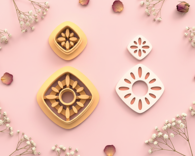 Emporte-pièces losange fleuri – lot de 2 – pâte polymère bijoux DIY – 30 à 50 mm – EP-340 – fabriqué en France