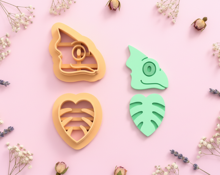 Emporte-pièces caméléon + feuille cœur – lot de 2 – pâte polymère bijoux DIY – 30 à 50 mm – EP-343 – fabriqué en France