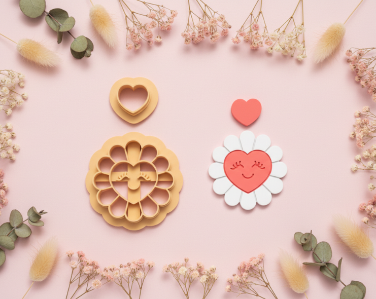 Emporte-pièces fleur cœur + cœur – lot de 2 – pâte polymère bijoux DIY – 30 à 50 mm – EP-351 – fabriqué en France