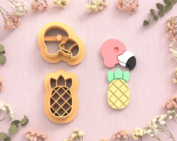 Emporte-pièces flamant rose + ananas – lot de 2 – pâte polymère bijoux DIY – 30 à 50 mm – EP-359 – fabriqué en France