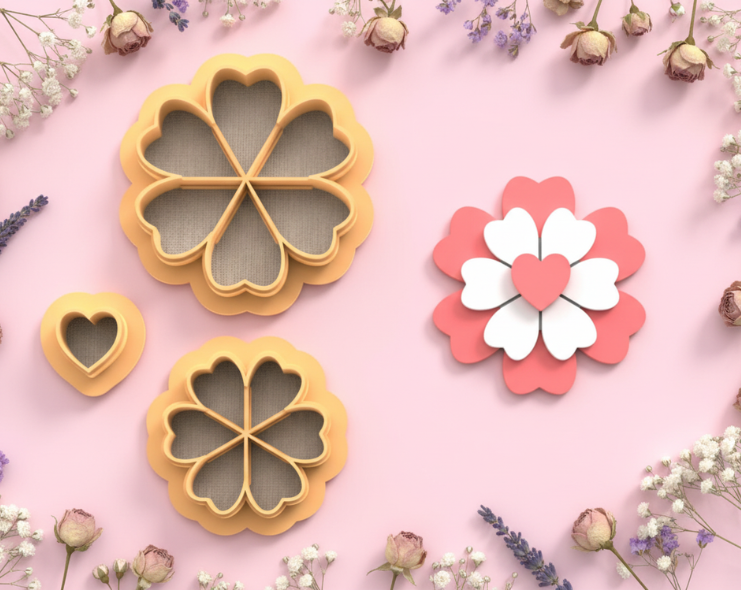 Emporte-pièces fleur cœurs + cœur – lot de 3 – pâte polymère bijoux DIY – 25 à 45 mm – EP-364 – fabriqué en France