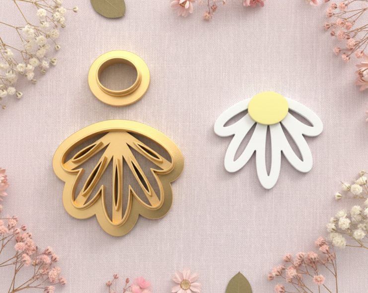 Emporte-pièce fleur pétales allongés + centre – lot de 2 – pâte polymère bijoux DIY – 25 à 45 mm – EP-380 – fabriqué en France