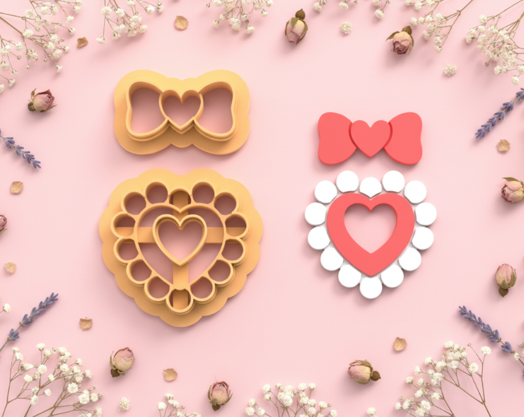 Emporte-pièce cœur dentelle + nœud pampille – pâte polymère bijoux DIY – 30 à 50 mm – lot de 2 – fabriqué en France