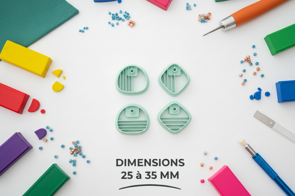 Emporte-pièces graphiques minimalistes – 4 versions au choix – cutters pâte polymère – bijoux DIY pampilles – forme arrondie ou losange – lignes horizontales ou verticales – 25 à 35 mm – EP-190 – fabriqué en France