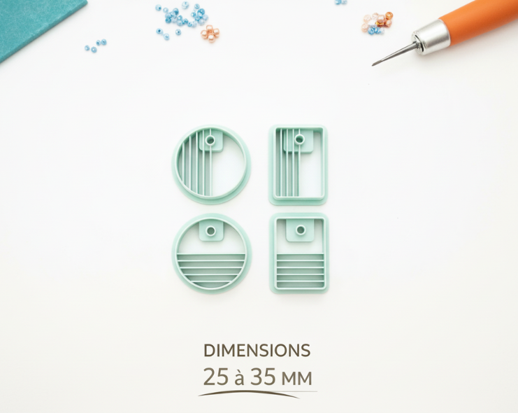 Emporte-pièces graphiques minimalistes – 4 versions au choix – cutters pâte polymère – bijoux DIY pampilles – rond ou rectangle – traits horizontaux ou verticaux – 25 à 35 mm – EP-185 – fabriqué en France