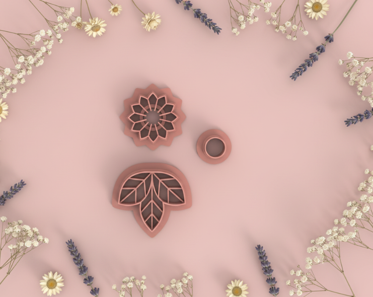 Emporte-pièces fleur + feuille géométrique – bijoux pâte polymère – lot de 3 – 35 à 50 mm – EP-249