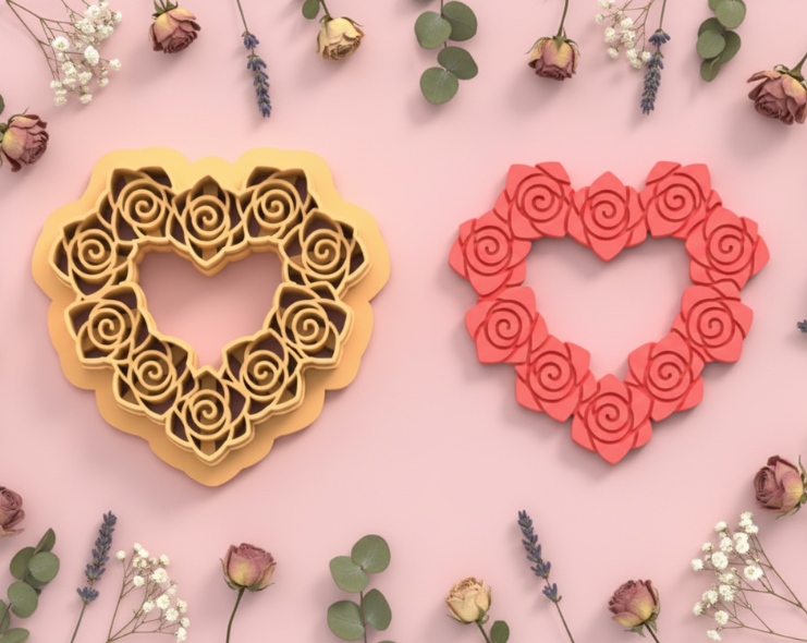 Emporte-pièce cœur fleurs roses – cutter pâte polymère bijoux DIY pampilles – design romantique floral – 30 à 50 mm – EP-264 – fabriqué en France