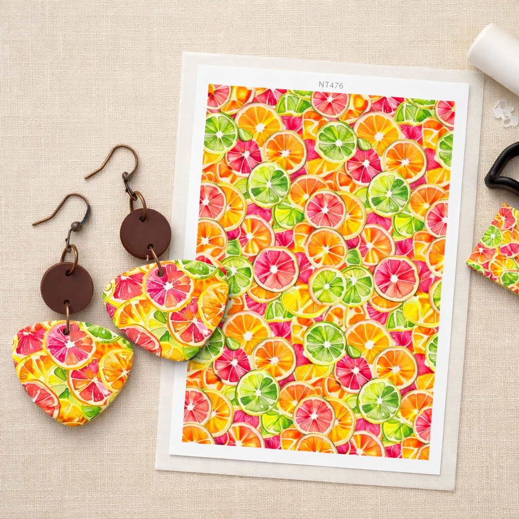 Feuille de transfert fruits acidulés pour pâte polymère  – 10 × 14 cm – DIY bijoux. TF37