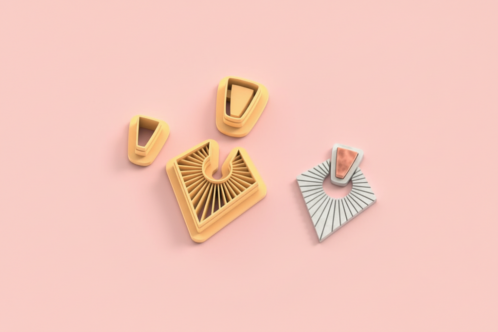 Emporte-pièces éventail géométrique – 3 parties – cutters pâte polymère bijoux – pampilles design graphique – forme losange moderne – 30 à 50 mm – EP-201 – fabriqué en France