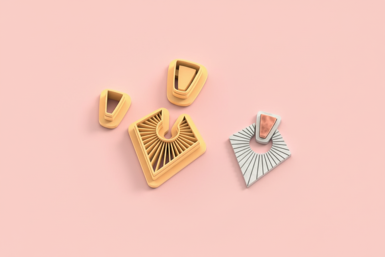 Emporte-pièces éventail géométrique – 3 parties – cutters pâte polymère bijoux – pampilles design graphique – forme losange moderne – 30 à 50 mm – EP-201 – fabriqué en France