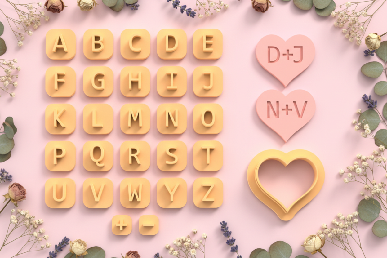 Stamp lettres alphabet + cœur – emporte-pièces bijoux pâte polymère – personnalisation initiales – 20 à 45 mm EP-256