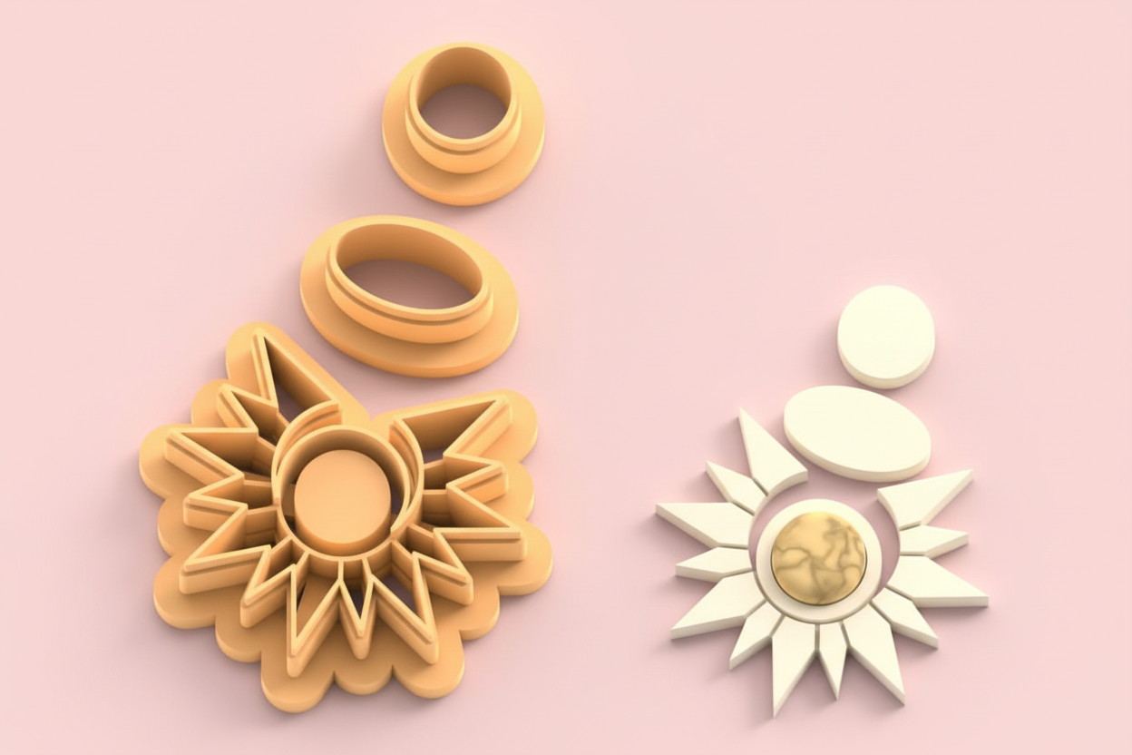 Emporte-pièces soleil rayonnant – lot de 3 cutters pâte polymère – bijoux DIY pampilles – design solaire moderne – 40 à 60 mm – EP-261 – fabriqué en France