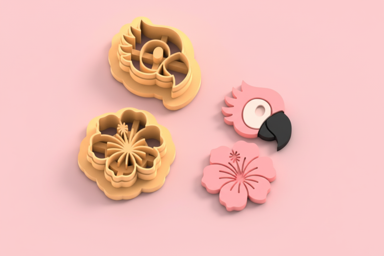 Emporte-pièces perroquet & hibiscus – lot de 2 cutters pâte polymère – bijoux DIY pampilles – thème tropical été – 30 à 60 mm – EP-260 – fabriqué en France