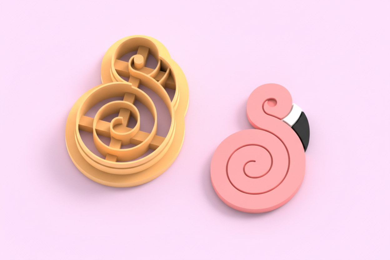Emporte-pièce flamant rose stylisé – cutter pâte polymère bijoux – pampilles design spiralé moderne – 25 à 45 mm – EP-258 – fabriqué en France