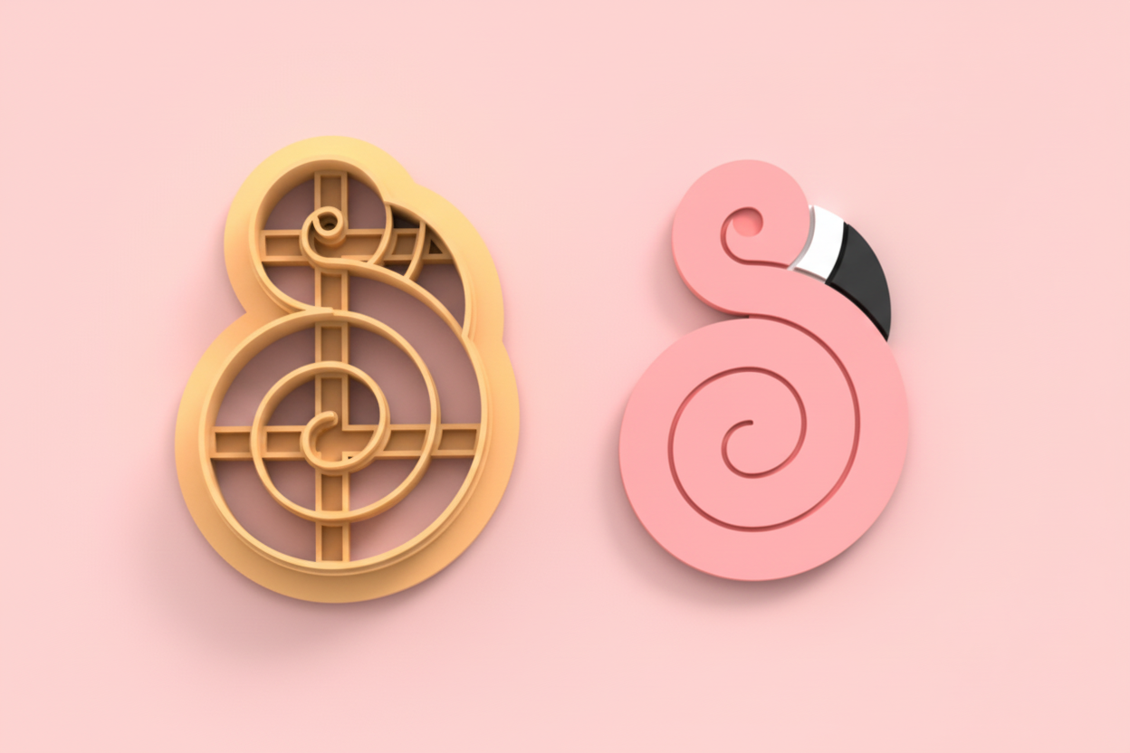 Emporte-pièce flamant rose stylisé – cutter pâte polymère bijoux – pampilles design spiralé moderne – 25 à 45 mm – EP-258 – fabriqué en France