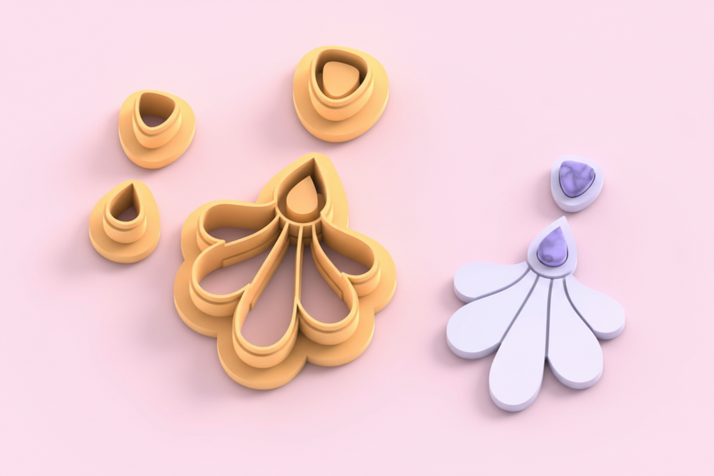 Emporte-pièces goutte & fleur éventail – lot de 4 – bijoux pâte polymère – 45 à 60 mm – EP-219