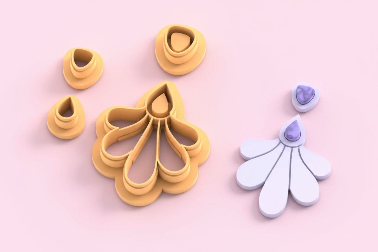 Emporte-pièces goutte & fleur éventail – lot de 4 – bijoux pâte polymère – 45 à 60 mm – EP-219