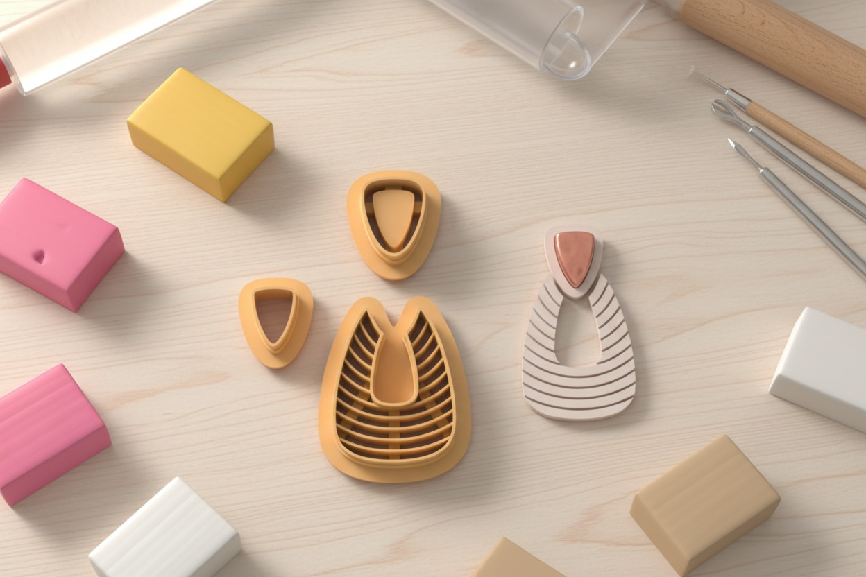 Emporte-pièces forme goutte texturée – lot de 3 cutters pâte polymère – bijoux DIY pampilles – design moderne graphique – 30 à 50 mm – EP-262 – fabriqué en France