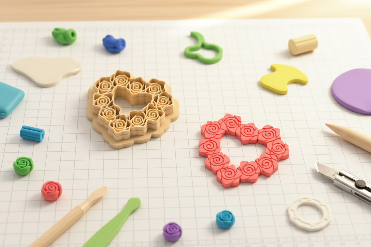 Emporte-pièce cœur fleurs roses – cutter pâte polymère bijoux DIY pampilles – design romantique floral – 30 à 50 mm – EP-264 – fabriqué en France