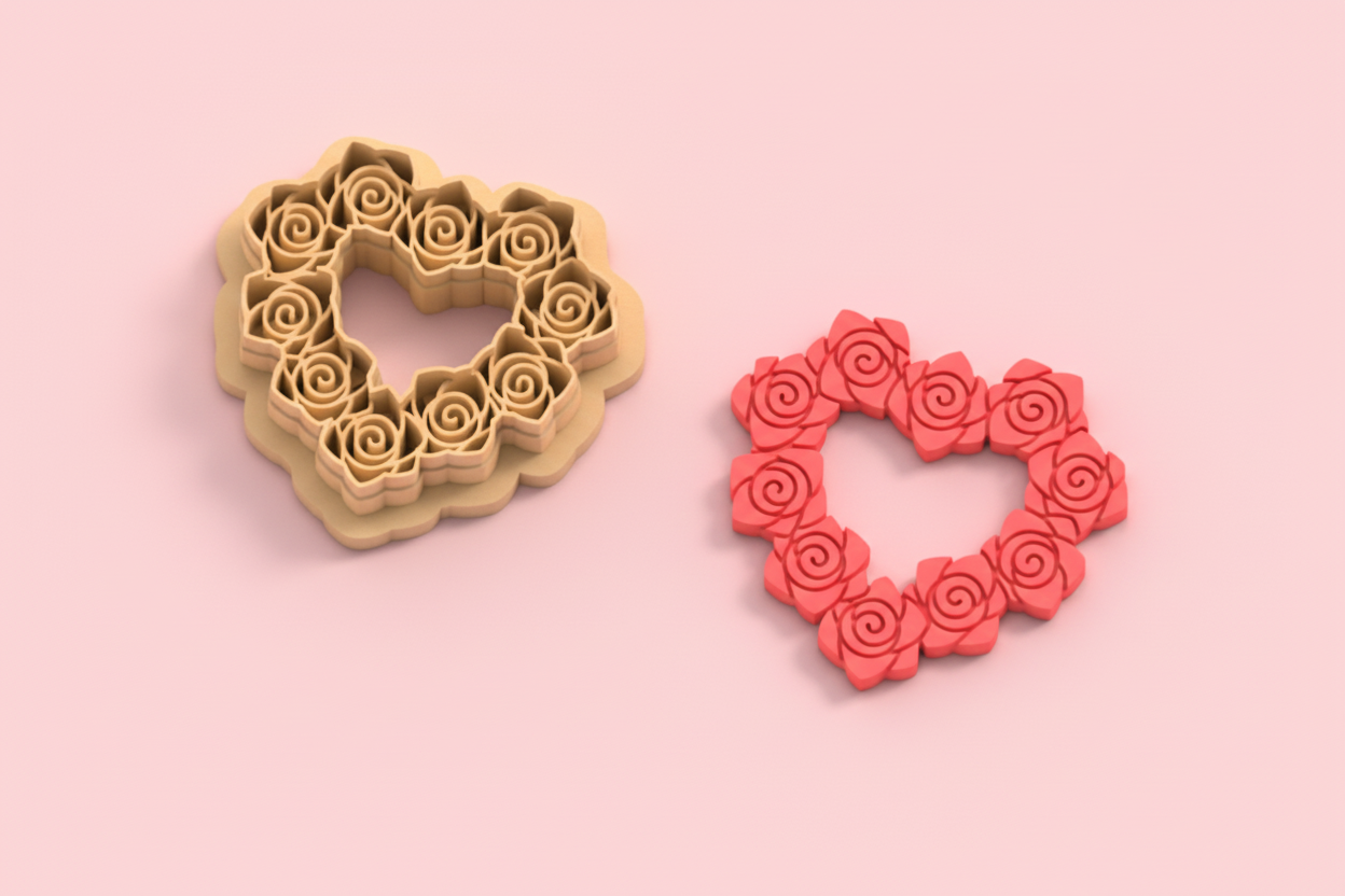 Emporte-pièce cœur fleurs roses – cutter pâte polymère bijoux DIY pampilles – design romantique floral – 30 à 50 mm – EP-264 – fabriqué en France