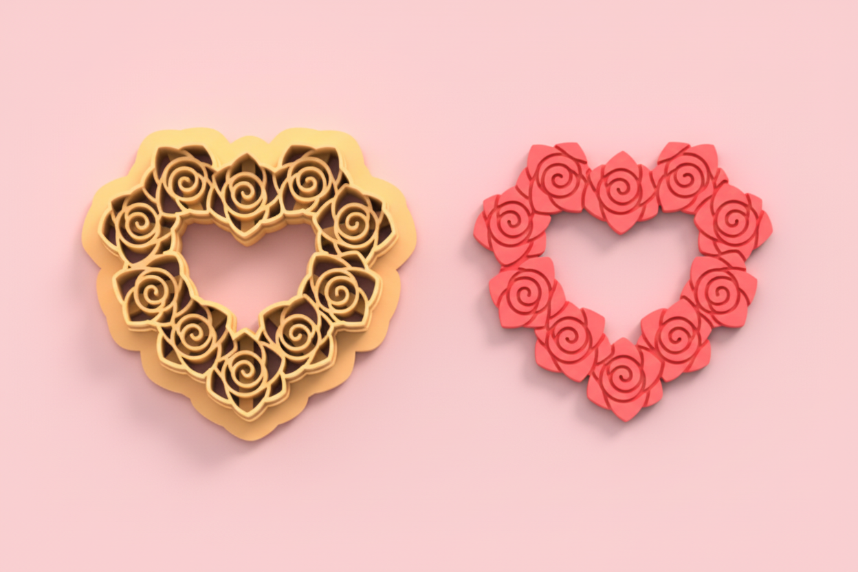 Emporte-pièce cœur fleurs roses – cutter pâte polymère bijoux DIY pampilles – design romantique floral – 30 à 50 mm – EP-264 – fabriqué en France