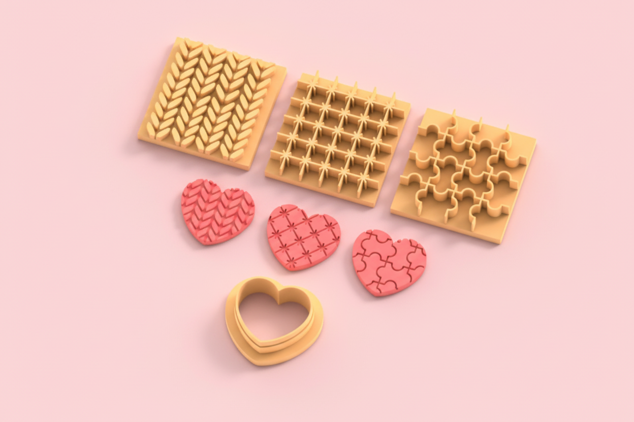 Emporte-pièce cœur + 3 plaques textures – cutters pâte polymère bijoux DIY pampilles – motifs graphiques – 20 à 45 mm – EP-274 – fabriqué en France