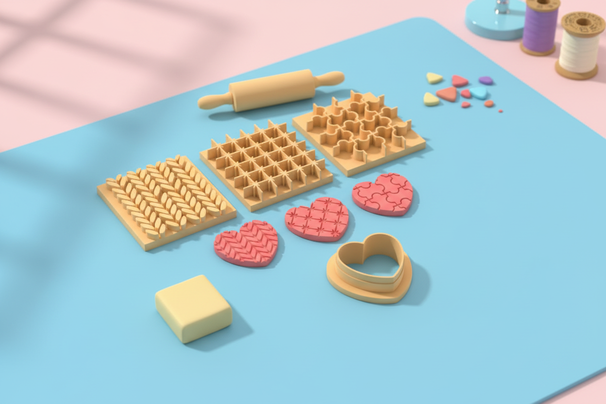 Emporte-pièce cœur + 3 plaques textures – cutters pâte polymère bijoux DIY pampilles – motifs graphiques – 20 à 45 mm – EP-274 – fabriqué en France