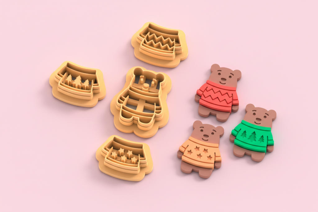 Emporte-pièces ourson + 3 pulls – lot complet – pâte polymère bijoux DIY – 25 à 45 mm – EP-337 – fabriqué en France