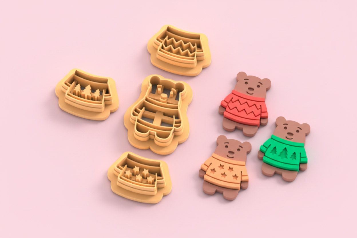 Emporte-pièces ourson + 3 pulls – lot complet – pâte polymère bijoux DIY – 25 à 45 mm – EP-337 – fabriqué en France